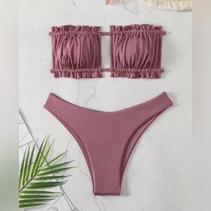 Ribbed Mauve Strapless Bikini Set - Women Swim